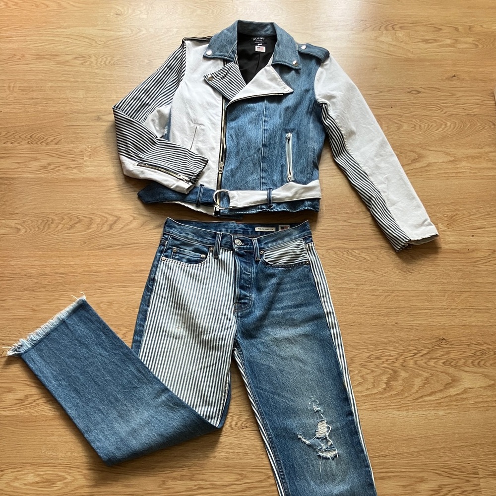 NOEND DENIM 2 pc Distressed blue/white striped Jacket/Jeans Sz S/26